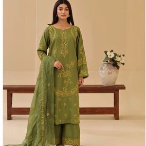 Embroidered Olive Green Women's Kurta Set
